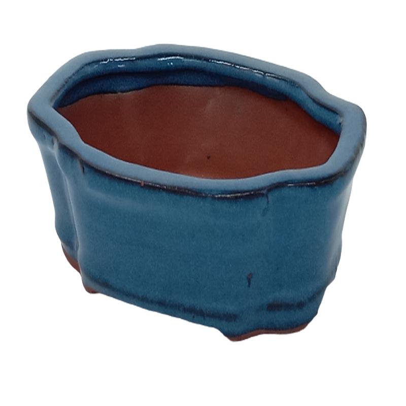 16 x 12 x 5 cm  Glazed Bonsai Pot - Blue Floriated