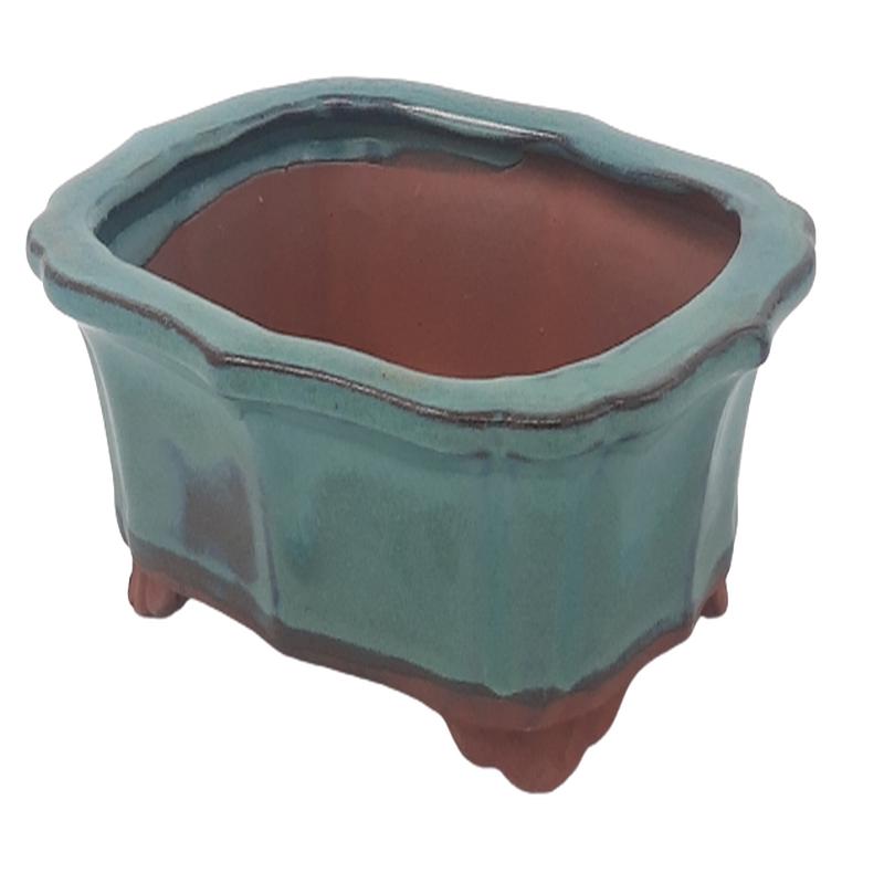 11 x 15 x 5 cm Glazed Bonsai Pot - Green - rectangular floriated