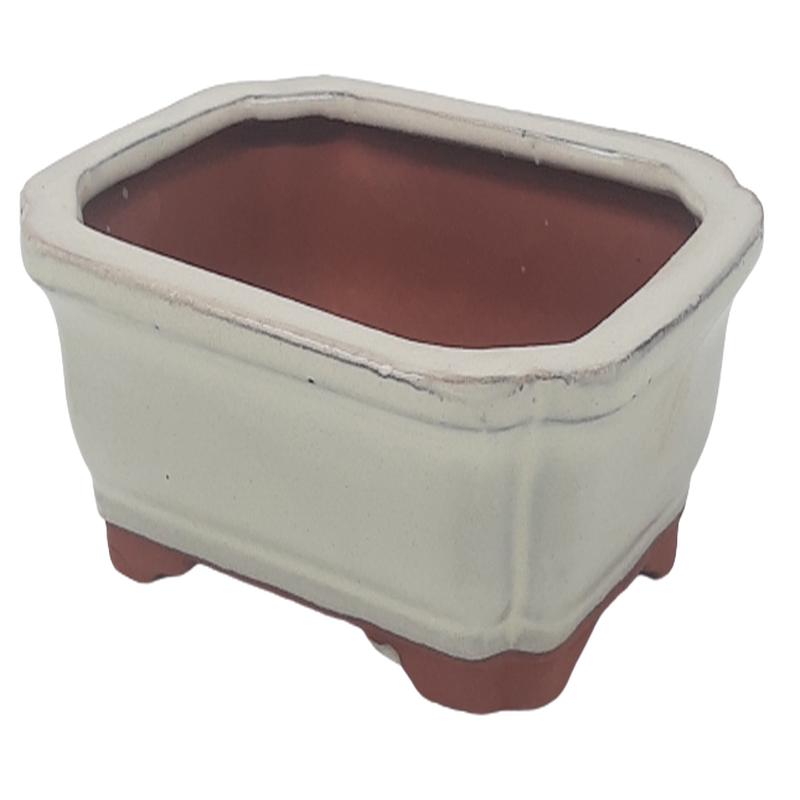 15 x 12 x 5 cm Glazed Bonsai Pot - Rectangular Floriated  - Cream