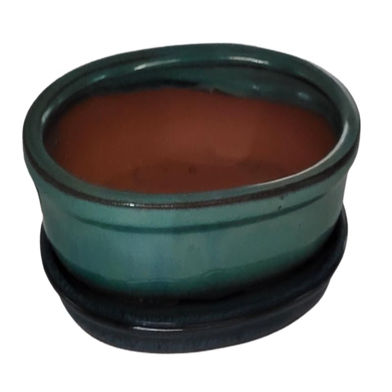 20 x 15 x 7 cm - Glazed Bonsai Pot with Matching Tray - Green