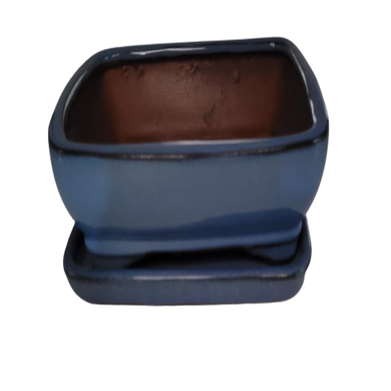 20 x 15 x 7 cm - Glazed Bonsai Pot with Matching Tray - Blue